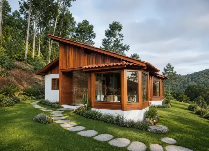 Casa de madeira em terreno arborizado