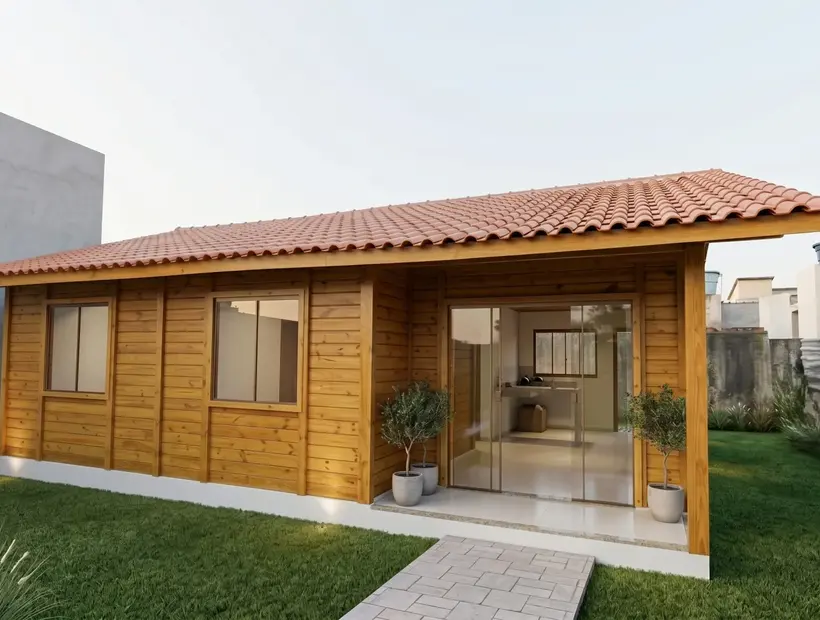 Casa de madeira com garagem: acesso, implantação e praticidade