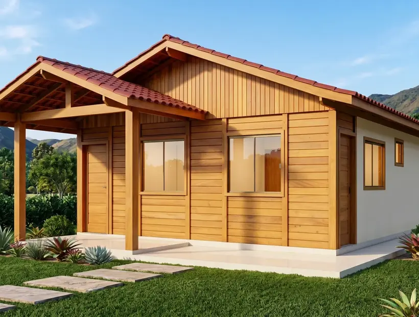 Casa de madeira com garagem: acesso, implantação e praticidade